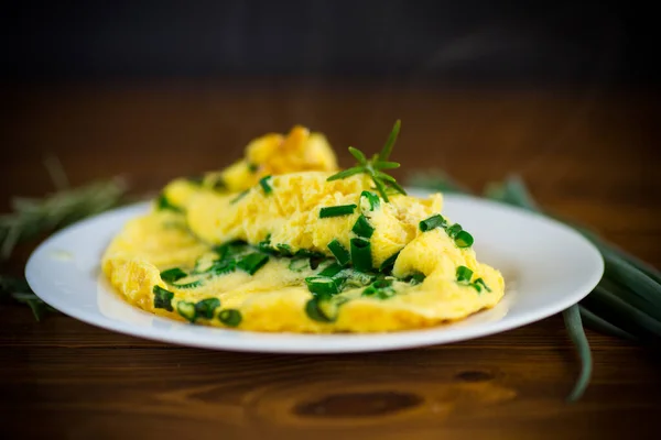 Omelette Frite Chaude Aux Oignons Verts Hachés Dans Une Assiette — Photo