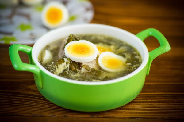 Φρέσκια Ανοιξιάτικη Οργανική Σούπα Πράσινο Σόρελ Και Αυγό Πιάτο Ξύλινο — Φωτογραφία Αρχείου