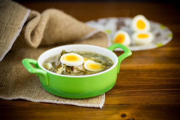 Frische Frühlingssuppe Mit Sauerampfer Und Einem Teller Auf Einem Holztisch — Stockfoto