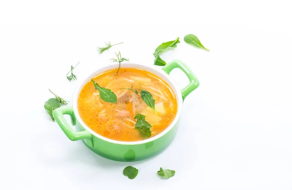 Sopa Primavera Con Vermicelli Verduras Hierbas Aisladas Sobre Fondo Blanco —  Fotos de Stock