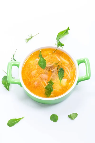 Soupe Printemps Avec Vermicelles Légumes Herbes Isolés Sur Fond Blanc — Photo