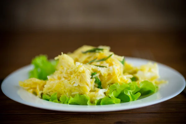 薄切りのベルミチェッリとサラダの葉を木のテーブルの上のプレートに入れて揚げたオムレツ — ストック写真