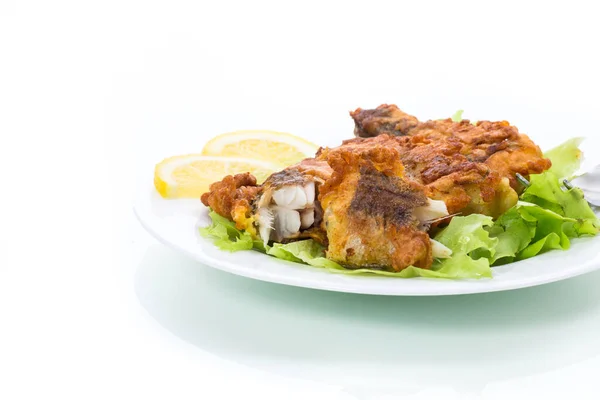 Fried Hake Fish Batter Lettuce Lemon Plate Isolated White Background — Stock Photo, Image