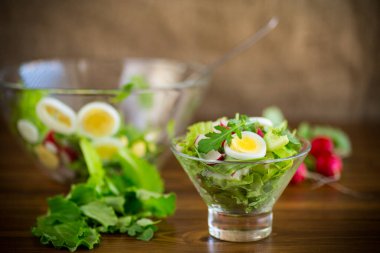 Bahar salatası roka, haşlanmış yumurta, taze turp, cam kasede salata yaprakları.