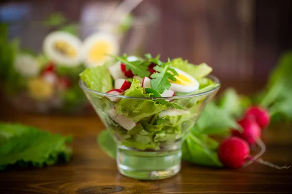 Весняний салат з руколою, вареними яйцями, свіжою редькою, листям салату у скляній мисці — стокове фото
