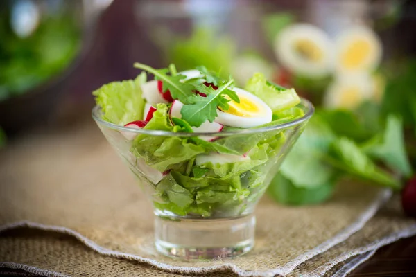 Insalata di primavera con rucola, uova sode, ravanello fresco, foglie di insalata in una ciotola di vetro — Foto Stock