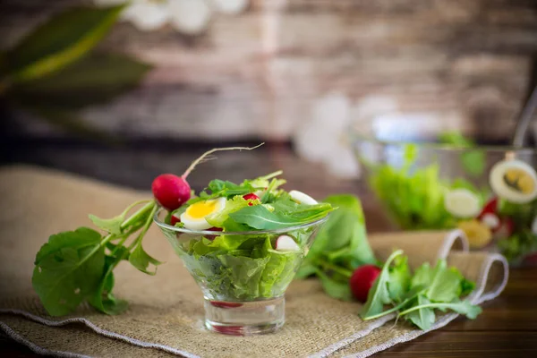 Salada de primavera com arugula, ovos cozidos, rabanete fresco, folhas de salada em uma tigela de vidro — Fotografia de Stock