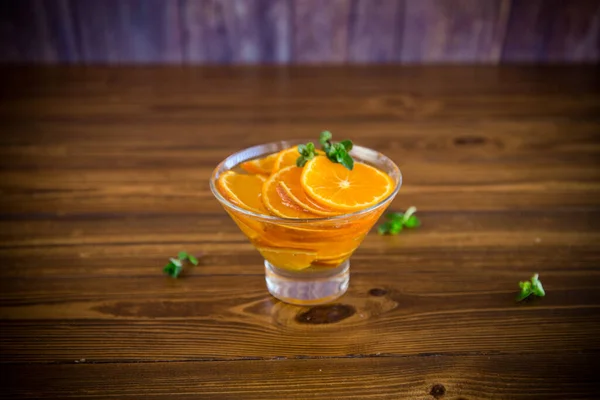 Sweet Tangerine Syrup Glass Bowl Wooden Table — Stock Photo, Image