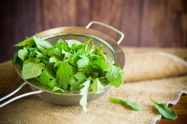 Arugula em um escorredor em uma mesa de madeira — Fotografia de Stock