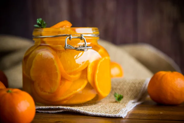 Sweet Tangerine Jam Glass Jar Wooden Table — Stock Photo, Image