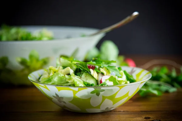 Vårsalat Tidlige Grønnsaker Salatblader Reddiker Urter Tallerken Trebordet – stockfoto