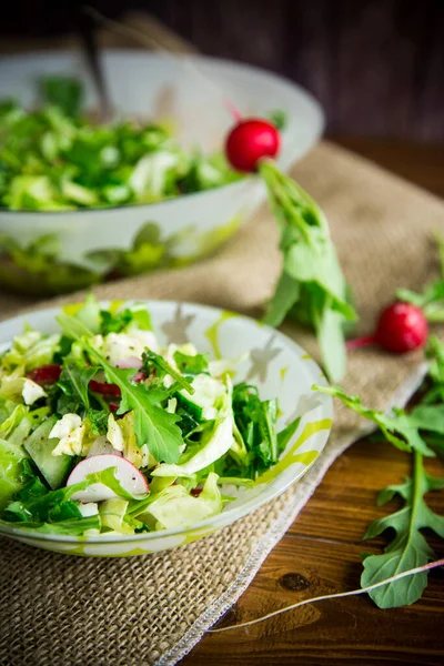Spring Salad Early Vegetables Lettuce Leaves Radishes Herbs Plate Wooden — Stock Photo, Image