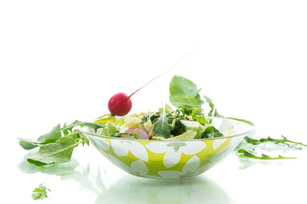 Spring Salad Early Vegetables Lettuce Leaves Radishes Herbs Plate Isolated — Stock Photo, Image