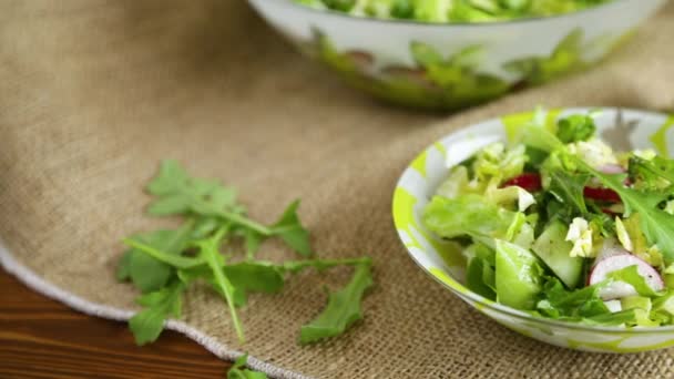Insalata primaverile di verdure primaverili, foglie di lattuga, ravanelli ed erbe aromatiche in un piatto in tavola — Video Stock