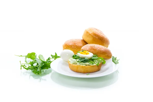 Homemade Bun Cheese Spread Fresh Arugula Boiled Egg Plate Isolated — Stock Photo, Image