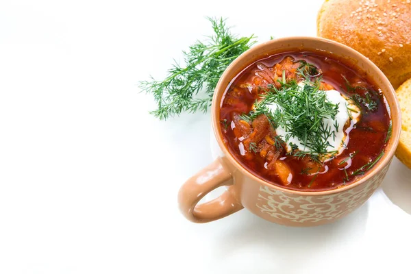 Sopa Remolacha Caliente Con Crema Agria Hierbas Rollos Tazón Cerámica — Foto de Stock