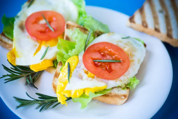 Fried Toasts Egg Salad Tomato Plate Blue Background — Stock Photo, Image