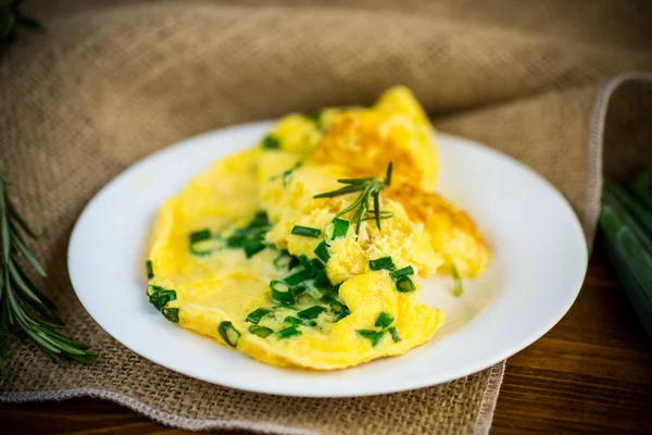 Omelette Frite Chaude Aux Oignons Verts Hachés Dans Une Assiette — Photo