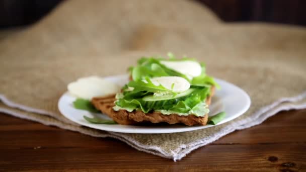Tostadas de pan frito con hojas de ensalada, queso untado y mozzarella en un plato — Vídeo de stock