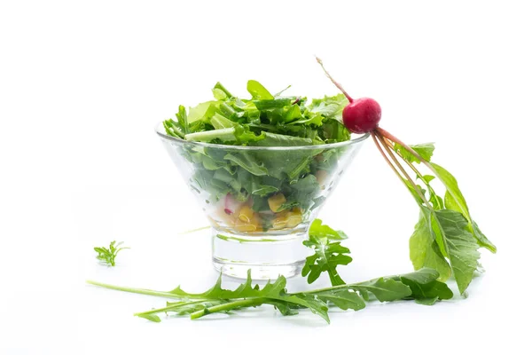 Spring Salad Early Vegetables Lettuce Leaves Radishes Herbs Plate Isolated — Stock Photo, Image