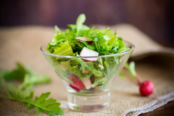 Frühlingssalat Aus Frühgemüse Salatblättern Radieschen Und Kräutern Auf Einem Teller — Stockfoto