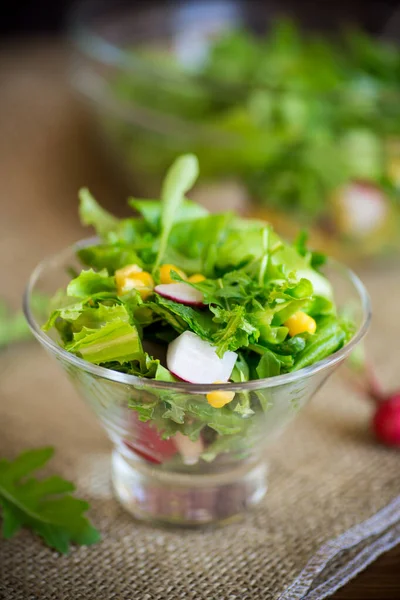 Spring Salad Early Vegetables Lettuce Leaves Radishes Herbs Plate Wooden — Stock Photo, Image