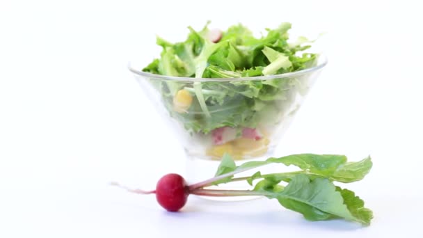 Salade de printemps à base de légumes, feuilles de laitue, radis et herbes dans une assiette — Video