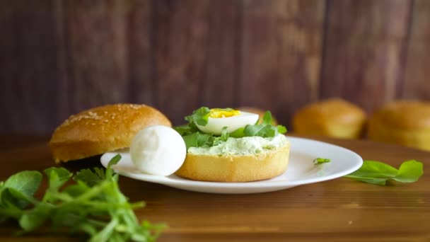 Pain maison avec tartinade au fromage, roquette fraîche et oeuf bouilli dans une assiette — Video