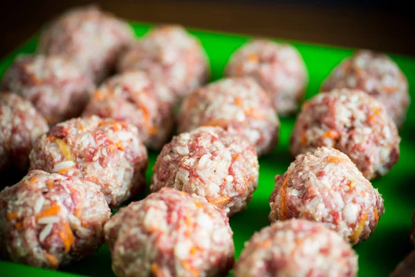 Rohe Fleischbällchen Vom Rind Und Schwein Mit Karotten Und Reis — Stockfoto