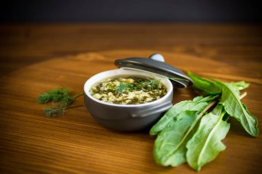Yeşil doru taze bahar organik çorbası ve ahşap masada bir tabakta yumurta.