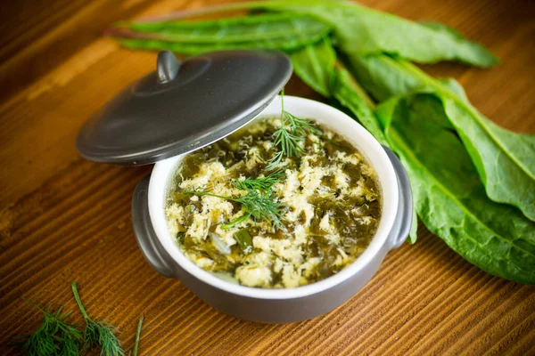 Frische Frühlingssuppe Mit Sauerampfer Und Einem Teller Auf Einem Holztisch — Stockfoto