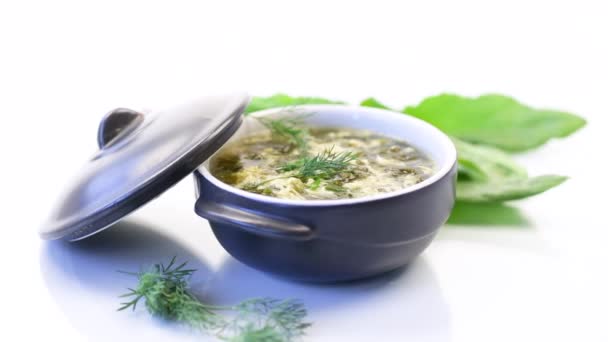 Zuppa fresca di primavera biologica con acetosa verde e uovo in un piatto — Video Stock