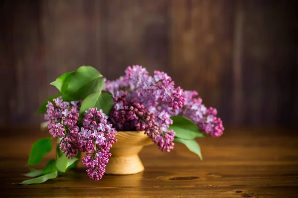 Bouquet Beautiful Blooming Lilacs Vase Wooden Table — Stock Photo, Image