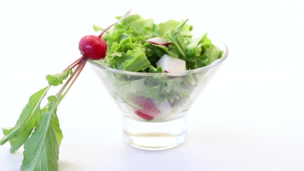 Frühlingssalat Aus Frühgemüse Salatblättern Radieschen Und Kräutern Teller — Stockvideo