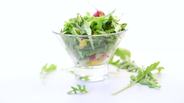 Spring Salad Early Vegetables Lettuce Leaves Radishes Herbs Plate — Stock Video