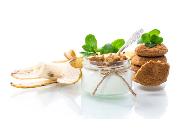 Sweet Homemade Yogurt Fresh Bananas Slices Oatmeal Cookies Glass Jar — Stock Photo, Image