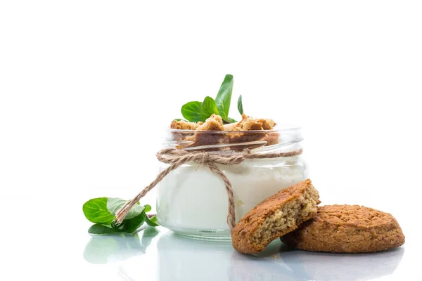 Yogurt Dolce Fatto Casa Con Banane Fresche Fette Biscotti Farina — Foto Stock