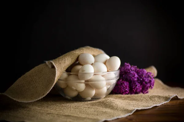 Organic Homemade Fresh Eggs Glass Bowl Burlap Black Background — Stock Photo, Image