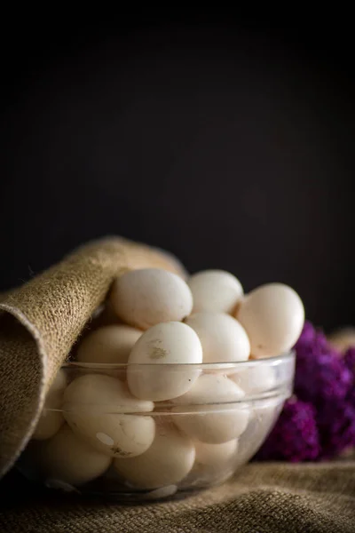 Organic Homemade Fresh Eggs Glass Bowl Burlap Black Background — Stock Photo, Image