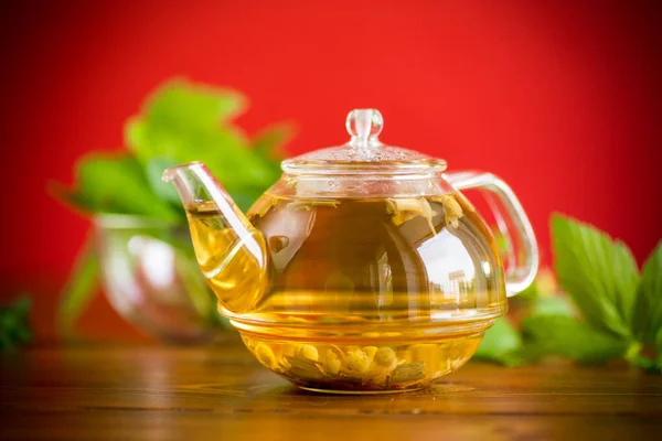 Summer Refreshing Organic Tea Currant Leaves Glass Teapot Wooden Table — Stock Photo, Image