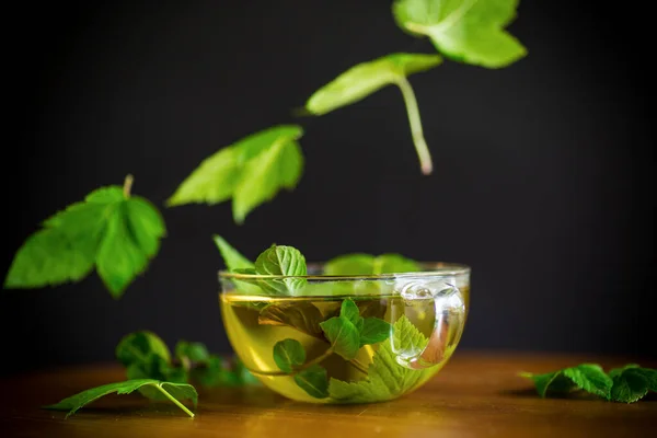 Lato Orzeźwiająca Herbata Organiczna Liści Porzeczki Szklanym Czajniku Drewnianym Stole — Zdjęcie stockowe