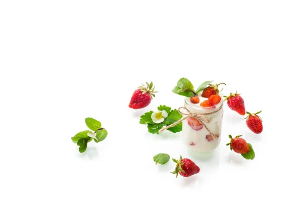 Sweet Homemade Yogurt Ripe Fresh Strawberries Jar Isolated White Background — Stock Photo, Image