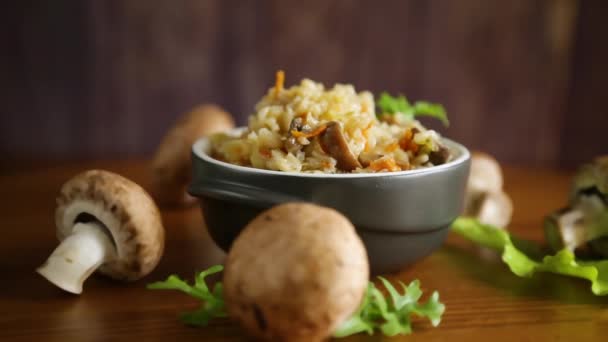 Riz cuit végétarien aux champignons dans un bol en céramique — Video