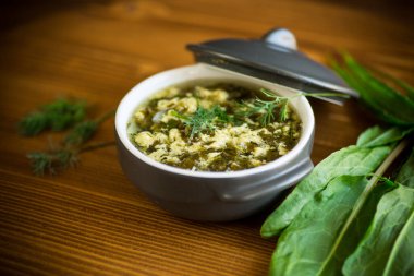 Yeşil doru taze bahar organik çorbası ve ahşap masada bir tabakta yumurta.