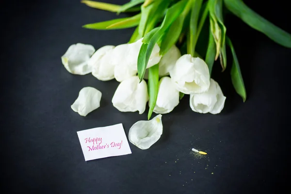 Schöner Strauß Weißer Tulpen Isoliert Auf Schwarzem Hintergrund — Stockfoto