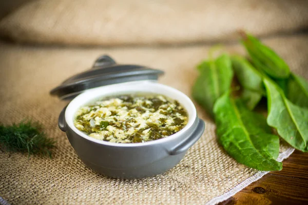 fresh spring organic soup with green sorrel and egg in a plate on a wooden table