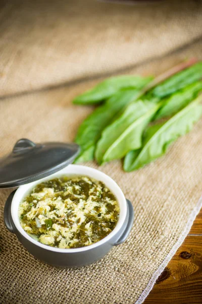 Frische Frühlingssuppe Mit Sauerampfer Und Einem Teller Auf Einem Holztisch — Stockfoto