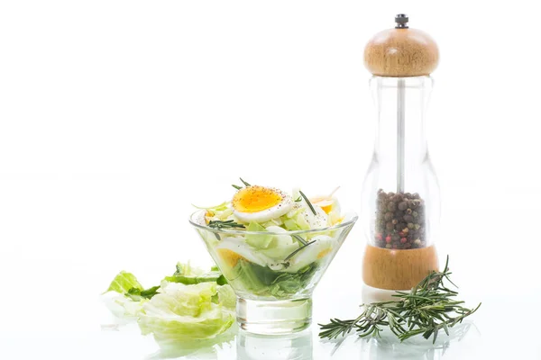 Fresh Spring Salad Cabbage Lettuce Boiled Eggs Rosemary Spices White — Stock Photo, Image