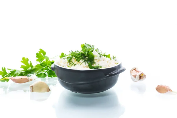 Salted Homemade Cottage Cheese Garlic Herbs Bowl Isolated White Background — Stock Photo, Image