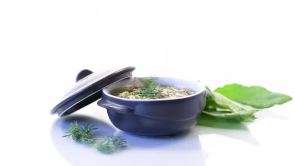 Sopa orgánica de primavera fresca con acedera verde y huevo en un plato — Vídeo de stock